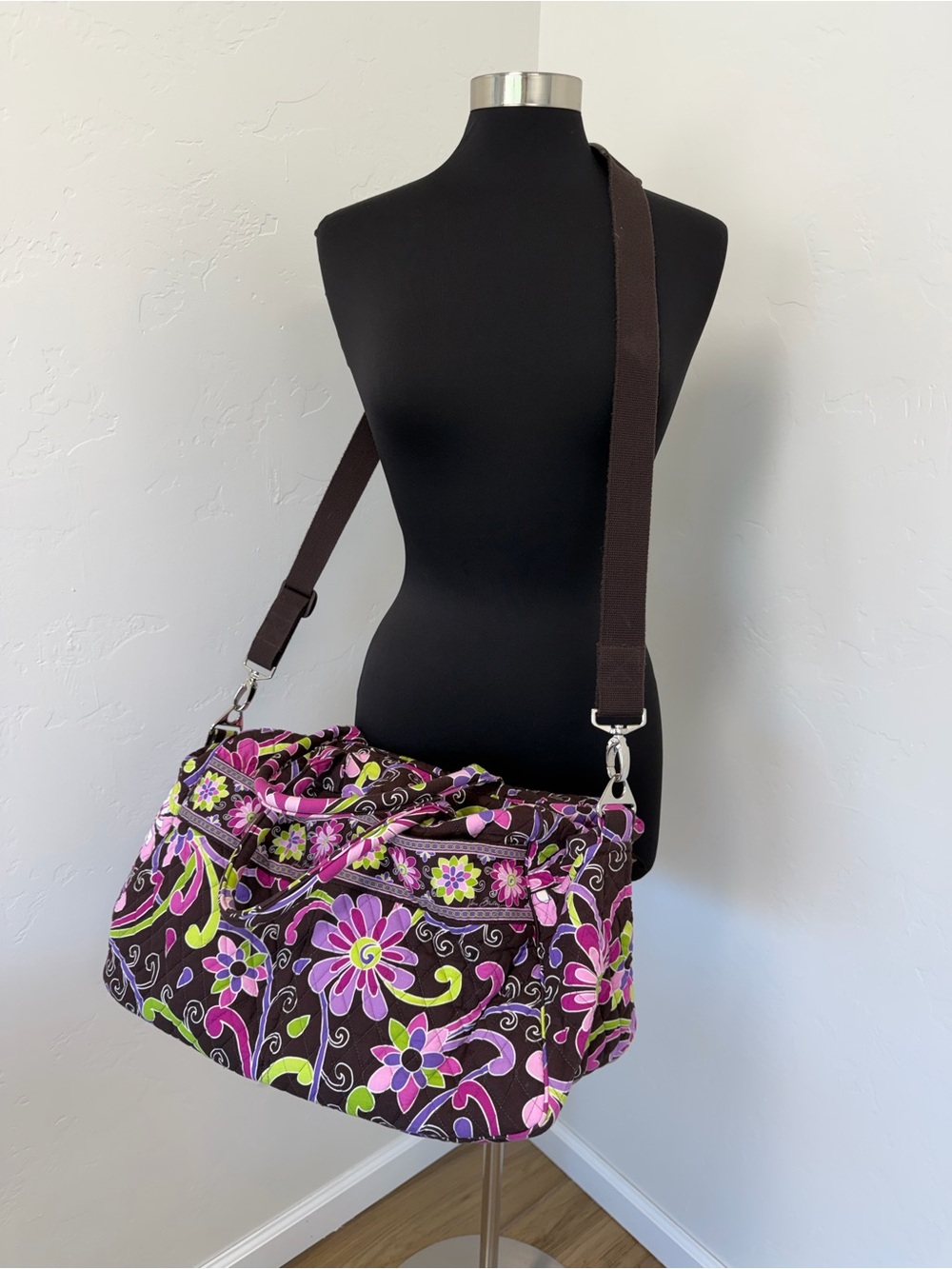 Vera Bradley Large Purple Punch Floral in Brown Pink & Lime Duffel Bag